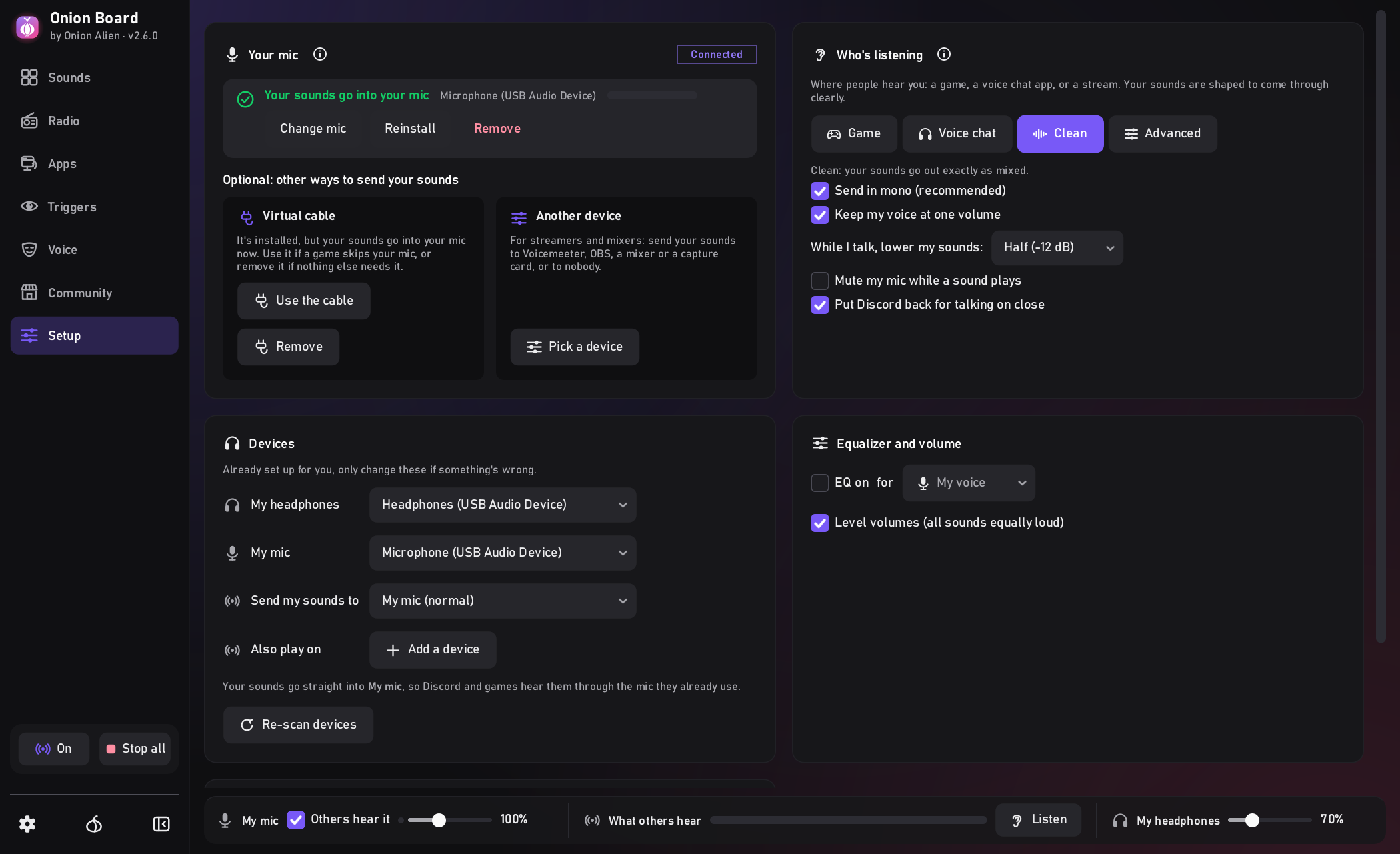 Onion Board's Setup tab showing sounds going into the mic