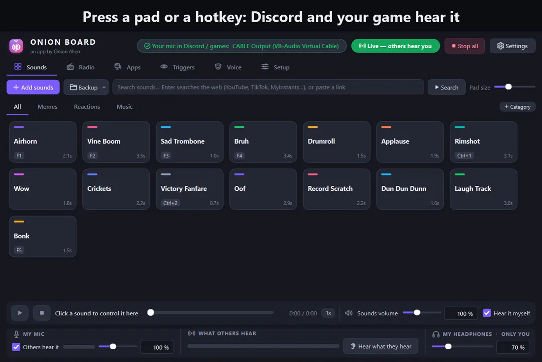 A quick tour: playing sounds, the radio globe, a trigger catching YOU DIED, and the voice changer