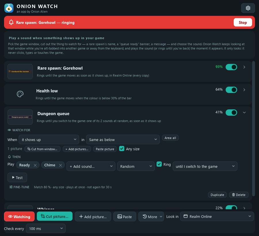 Onion Watch with its triggers, one of them ringing for a rare spawn